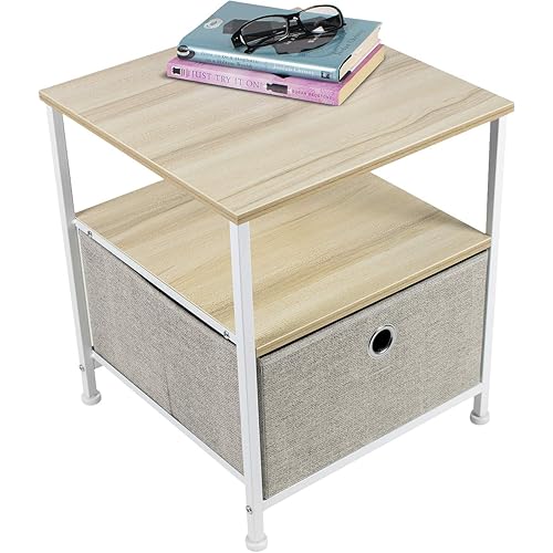 Sorbus Nightstand 1-Drawer Shelf Storage- Bedside Furniture & Accent End Table Chest for Home, Bedroom, Office, College Dorm, Steel Frame, Wood Top, Easy Pull Fabric Bins (Beige)
