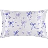 1 Pack Satin Pillowcase Blue Bow and Love Heart Similar to Silk Pillow Cases, 20" x 30" Soft Smooth Breathable Cool Pillow Cases for Hair and Skin, with Hidden Zipper, Queen Size