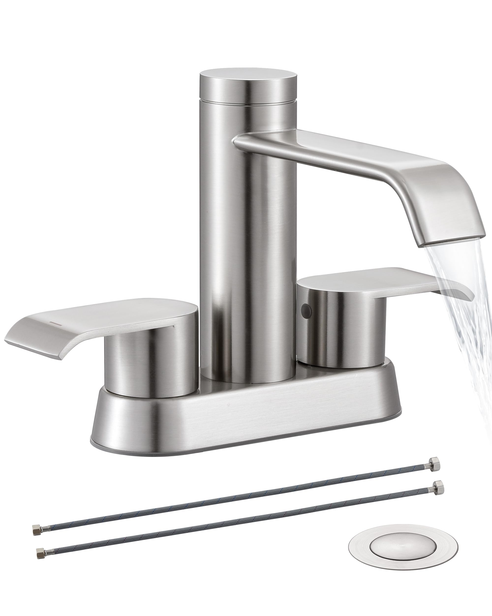 Photo 1 of HEISOK Brushed Nickel Bathroom Faucet 3 Hole - 4 Inch Waterfall Faucet for Bathroom Sink, 2 Handles Centerset Sink Faucet Bathroom with Pop Up Drain & Supply Hose