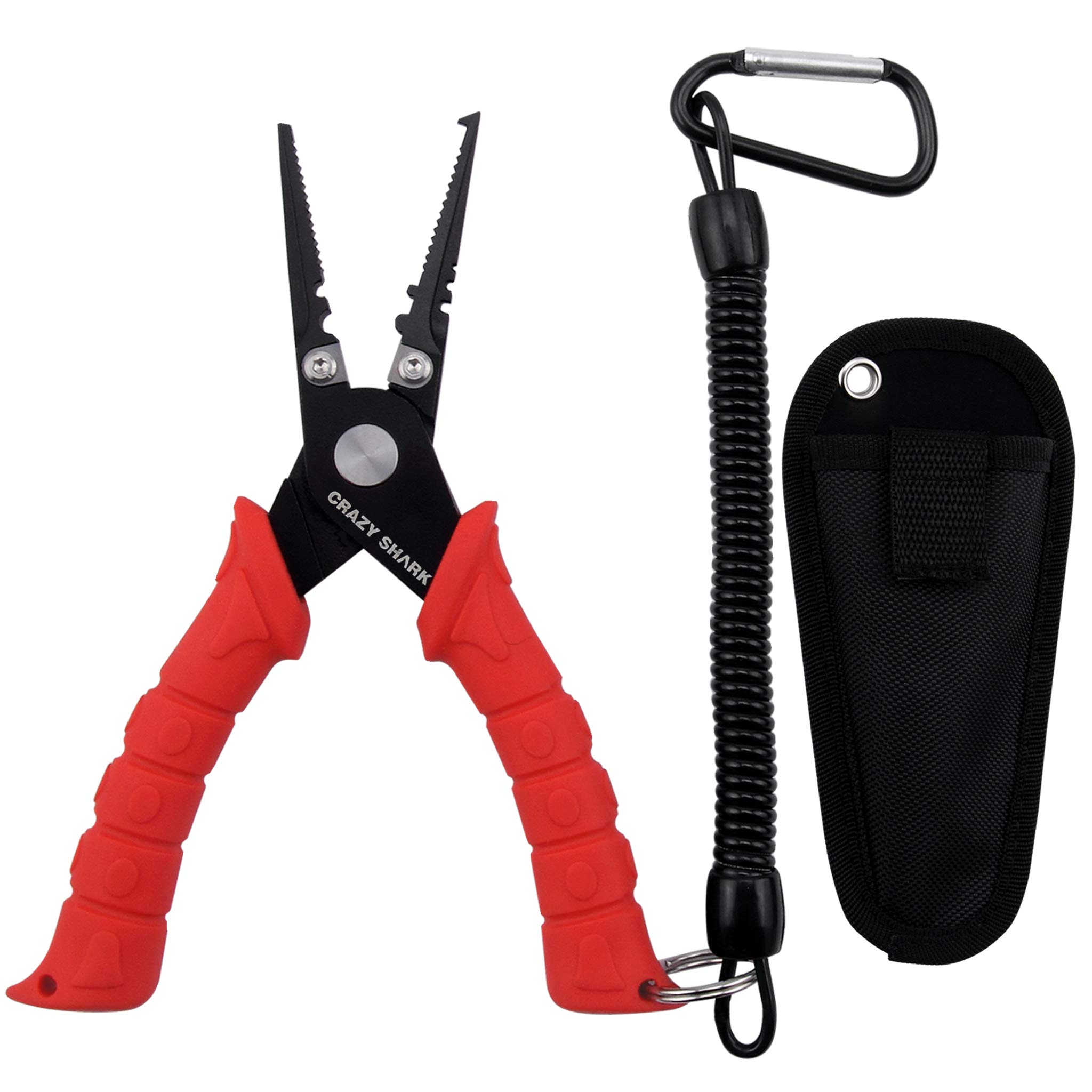 CRAZY SHARK 6" Fishing Pliers, Stainless Steel Fishing Tools, Saltwater Resistant Fishing Gear, Tungsten Carbide Cutters, Split Ring Pliers, Hook Remover with Coiled Lanyard and Sheath
