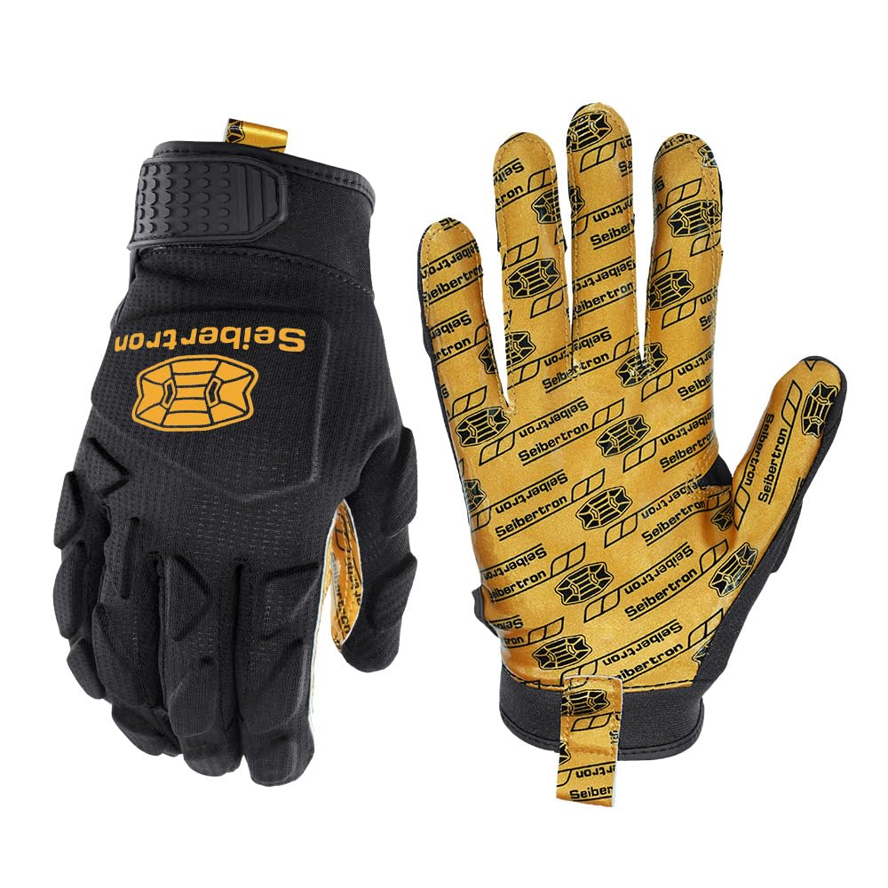 Seibertron H.P.I.R.G Touchscreen Lineman and Football Receiver Gloves, Flexible Breathable Impact Protection Back of Hand Glove Adult Black XL