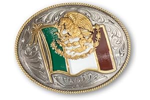 ARIAT Oval Buckle with Mexico Flag Motif, Rope Edge Detailing, Antique Silver Finish, 4" x 3-1/4" Silver, Western with Cultur