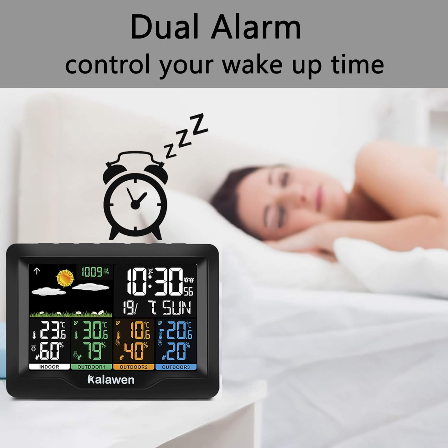 Kalawen Weather Station Wireless Indoor Outdoor Thermometer Multiple Sensors, Color Display Digital Weather Forecast Stations Thermometer with Alarm Clock, Humidity Temperature Monitor Barometer : Garden & Outdoor