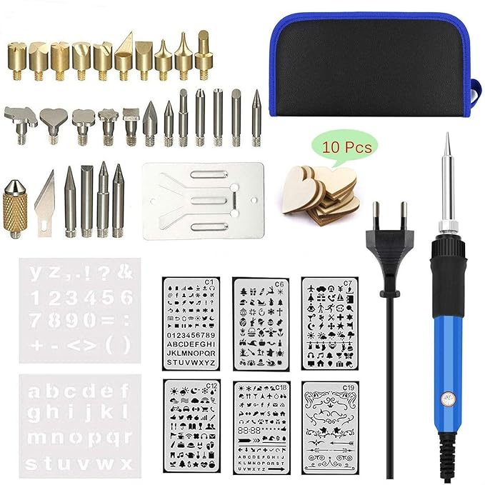 Tian 40 Pcs Professional Brandmalerei Lötkolben Holz Brennen Pen Set mit 8 Schablonen 10 Holz Herz Scheiben – Temperatur Rege