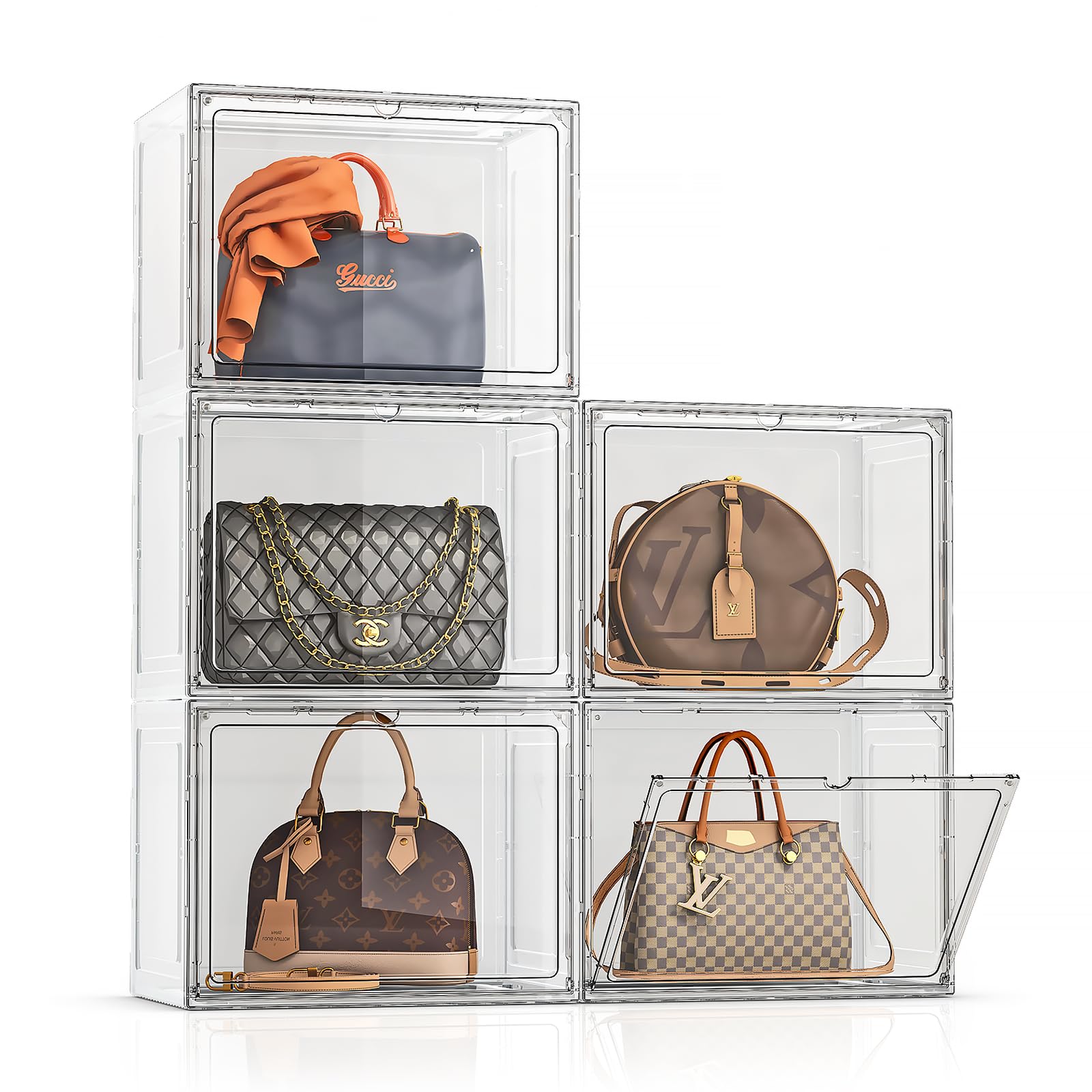Photo 1 of Large Purse Organizer for Closet, 5 Pack Handbag Purse Storage Organizer, Clear Display Case with Magnetic Door, Bag Organizer, Plastic Storage Bins for Collectibles, Books, Toys, Cosmetic, White