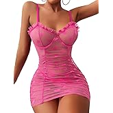 Lilosy Sexy Sheer Heart Mesh Underwire Ruched Ruffle Babydoll Club Cami Strap Lingerie Set with Thong