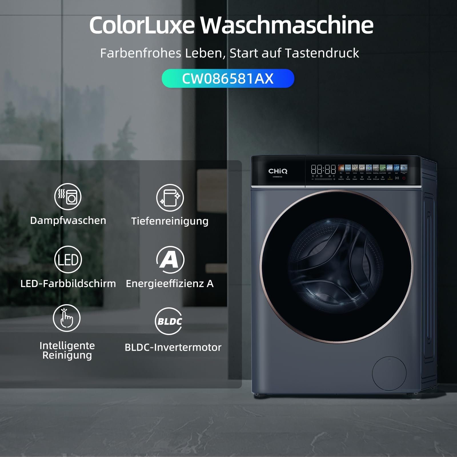 CHiQ Waschmaschine 8kg Frontlader, EEK A-15%, 1400 U/min, 15Min Schnellwäsche｜Touchscreen-Steuerung, Großtrommel, Dampffunktion| 52cm tief, Kindersicherung, Eco 40-60, Schwarz 3