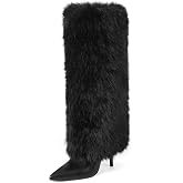 INSMIA Fur Wide Calf Knee High Boots Women Furry Fold Over Tall Boots | Pointed Toe, 4 Inch Stiletto High Heel, Side Zip, Pull-On, Faux Fur Leather, Fall Winter Boots, Party Wedding Events