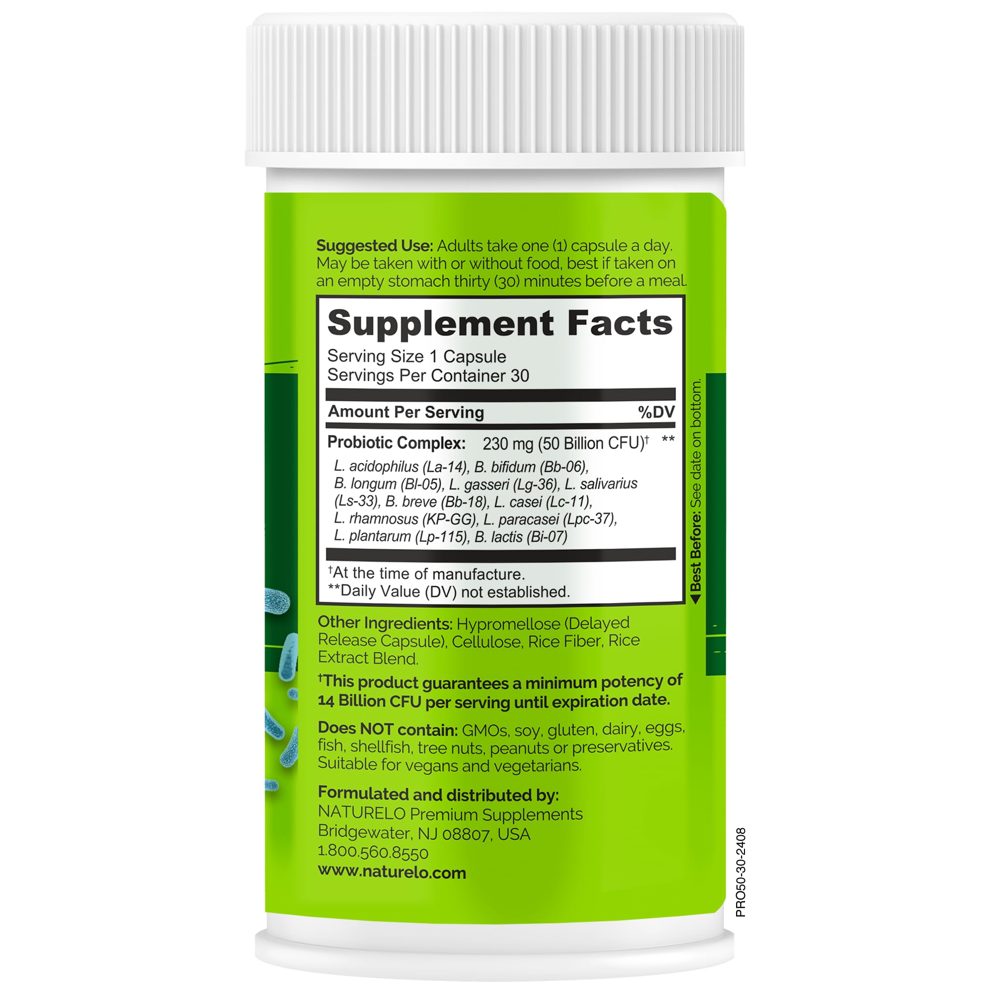 NATURELO Probiotics for Digestive Health - 50 Billion CFU, 11 Strains Daily Supplement - Boosts Immune System, Delayed Release, 30 Vegetarian Capsules