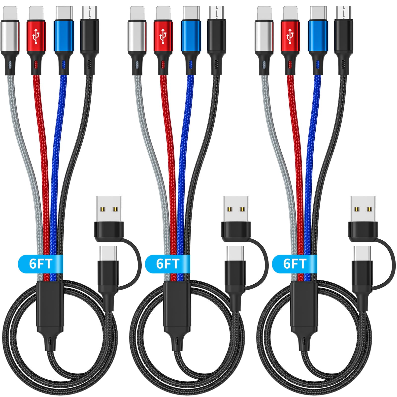 Photo 1 of 6 in 1 Multi Charging Cable, 3Pack 6FT Multiple Charging Cable, Multi Chargers Cord for All Devices Nylon Braided USB A/C Cable to 2*Lighting/Typc C/Micro USB Port for i Phone 17/16/15/Samsang/Tablets