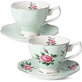 BTaT- Floral Tea Cups and Saucers, Set of 2, 8oz, Coffee Cups with Gold Trim, British Tea Cups