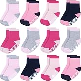 Baby Toddlers Crew Socks with Non-Slip Grip 12 Pack Cotton Stretch Socks | Soft Breathable Cotton, Non-Slip Sole Grips, for Hardwood/Tile Crawling, Walking, Daycare