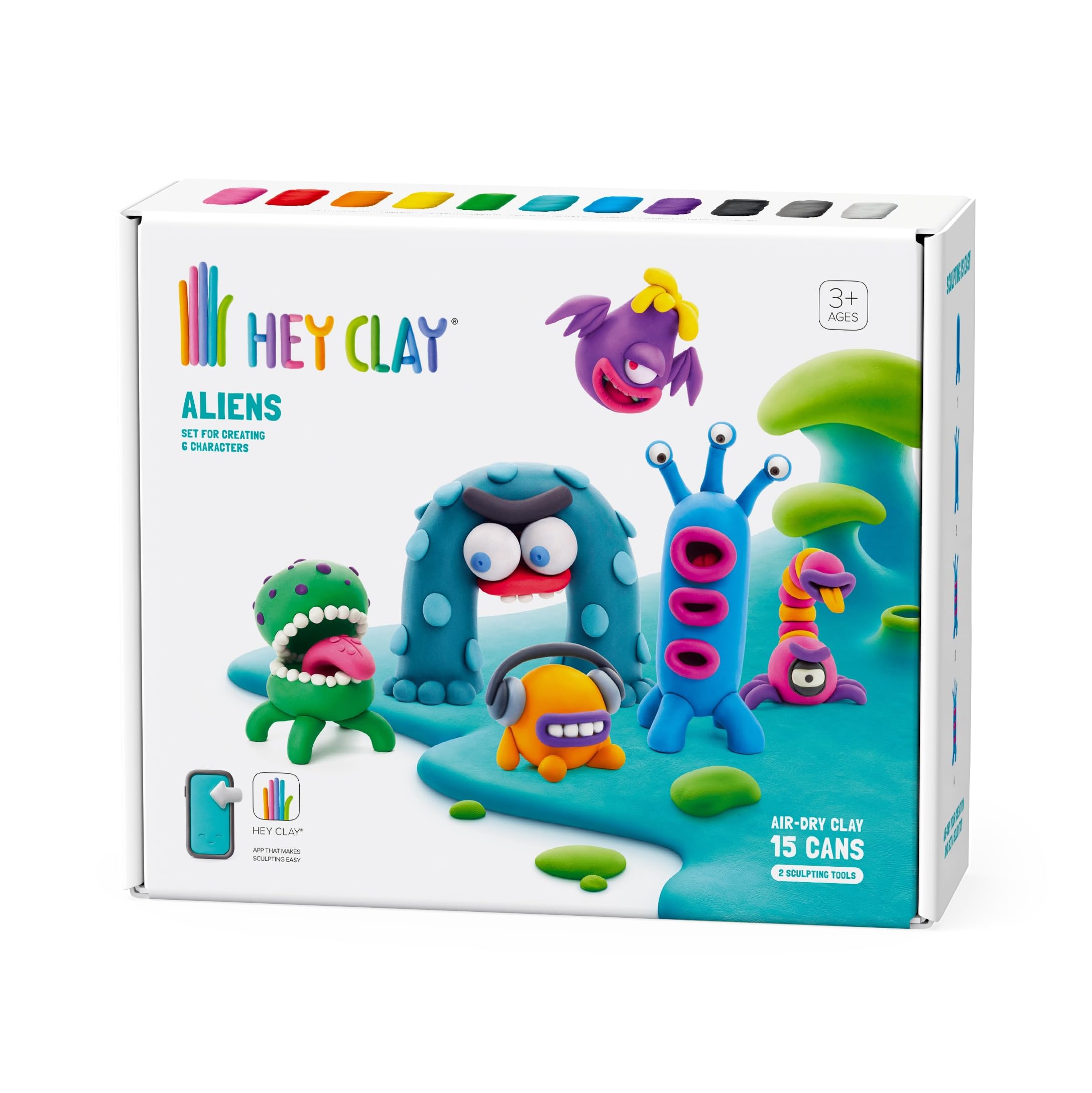 Hey Clay Aliens Set - Colourful Modeling Air Dry Clay for Kids - Air Dry Clay Kit 15 cans and Sculpting Tools with Fun Interactive Instructions App