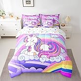 Feelyou Unicorn 7 Piece Bedding Set Rainbow Unicorn Comforter Set with Sheets,Cute Unicorn 7 Piece Bedding Set for Girls Teens Queen Size