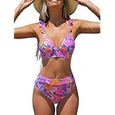 CUPSHE Women Bikini Sets 2 Piece Swimsuit High Waisted Bottom Floral Print Ruffle V Neck Bathing Suits