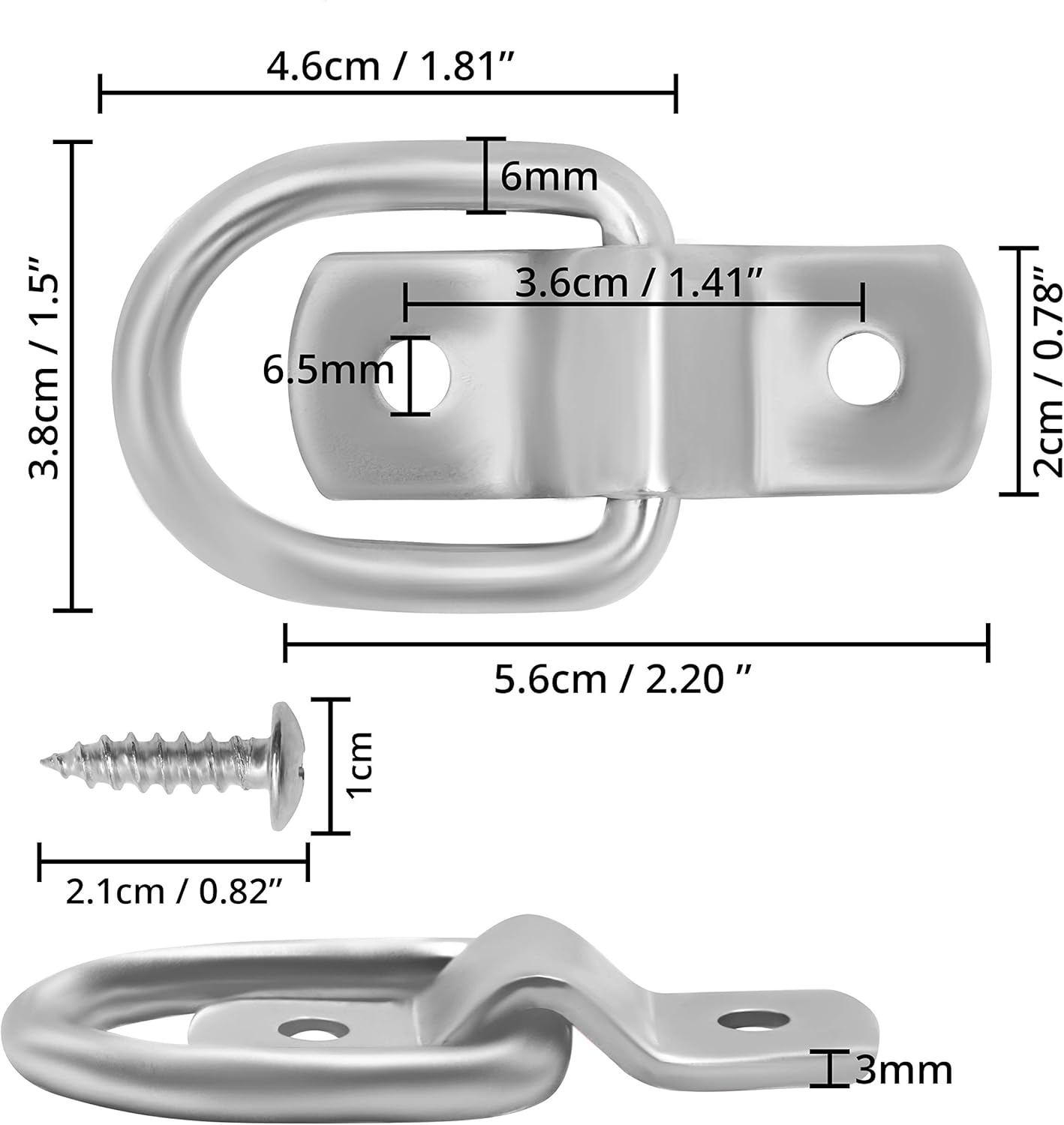 Belle Vous Iron Lashing Tie Down D Ring Set including Brackets and Screws (8 Pack), 4.6 x 3.8cm/1.81 x 1.5 inch, Holds 400kgs - Image 3