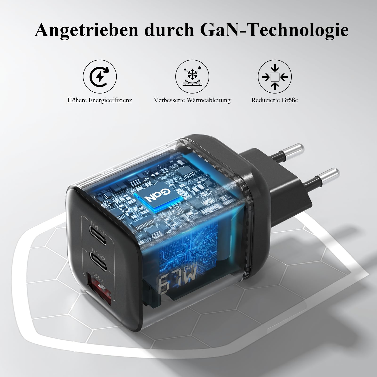 Minthouz USB-C-Ladegerät mit Charging Cable, PD 67W, 3-Port-GaN-Mehrfachnetzteil, Fast Charger kompatibel mit iPhone 17/17 Air/17 Pro/17 Pro Max/17 SE, 16/15/14/Serie, Galaxy, iPad 4