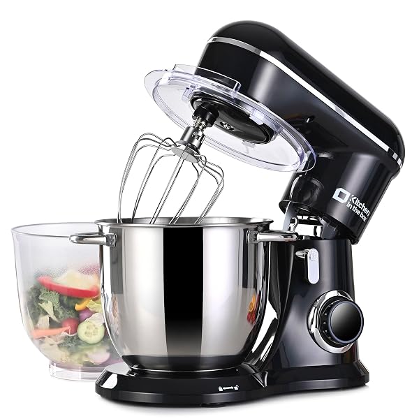 KITCHEN IN THE BOX STAND MIXER, 5QT TWO BOWLS ELECTRIC FOOD MIXER, 10 SPEEDS 3-IN-1 KITCHEN MIXER FOR DAILY USE WITH EGG WHISK,DOUGH HOOK,FLAT BEATER (BLACK, 5QT)