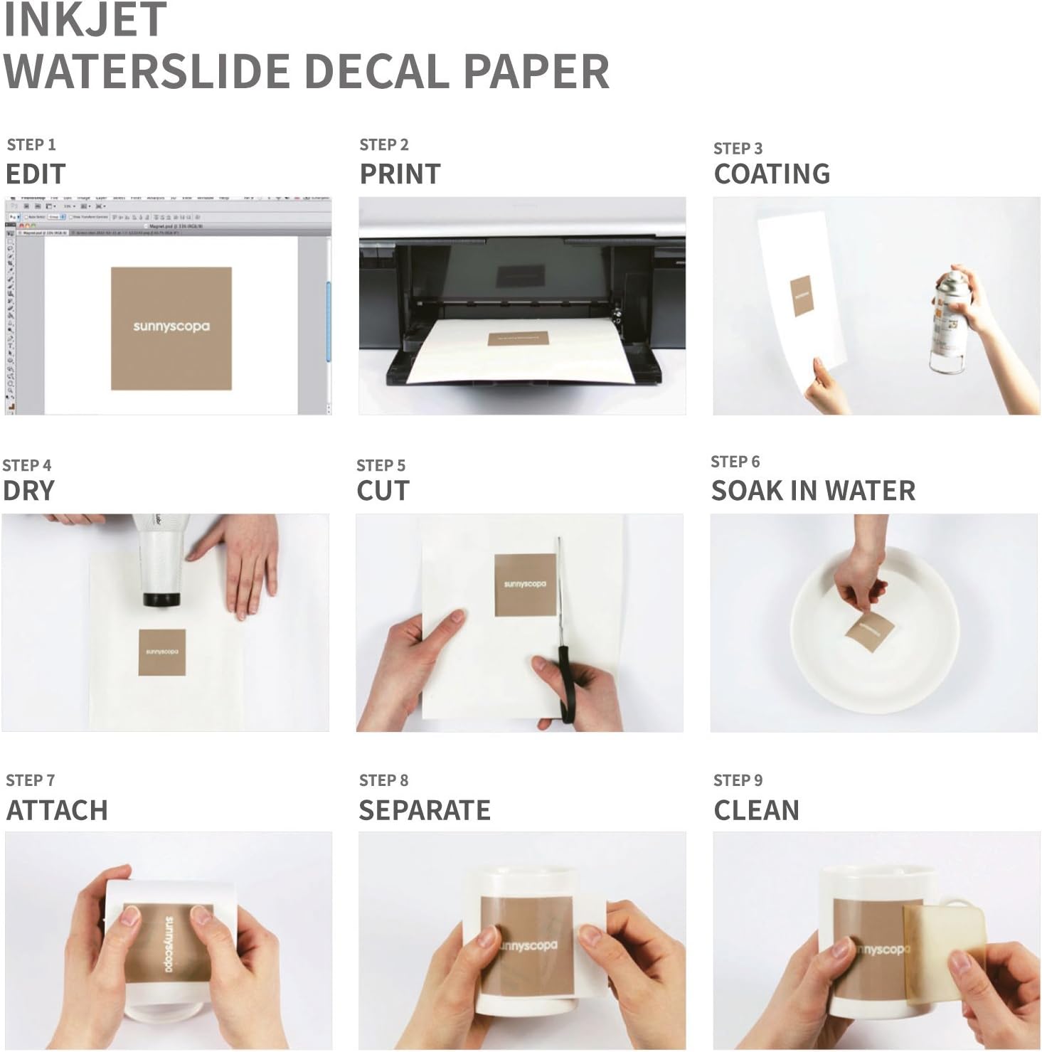 Sunnyscopa Waterslide Decal Paper for Inkjet Printer White, A4, 10 Sheets Personalized Water