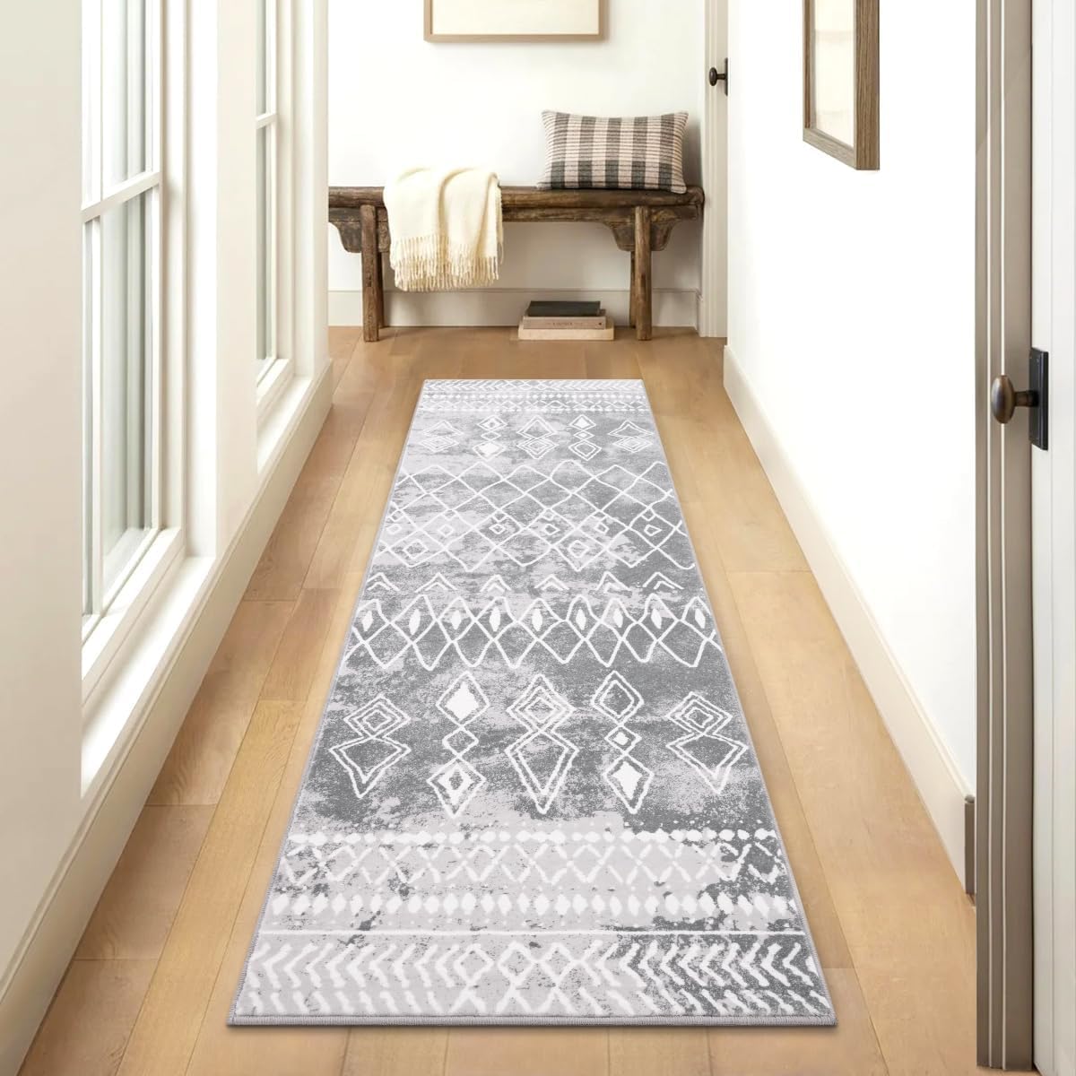 Carvapet Hallway Runner Rug 60x240cm Non Slip Long Kitchen Mat Washable Area Rug Soft Microfiber Geometric Floor Carpet Runner(Grey)