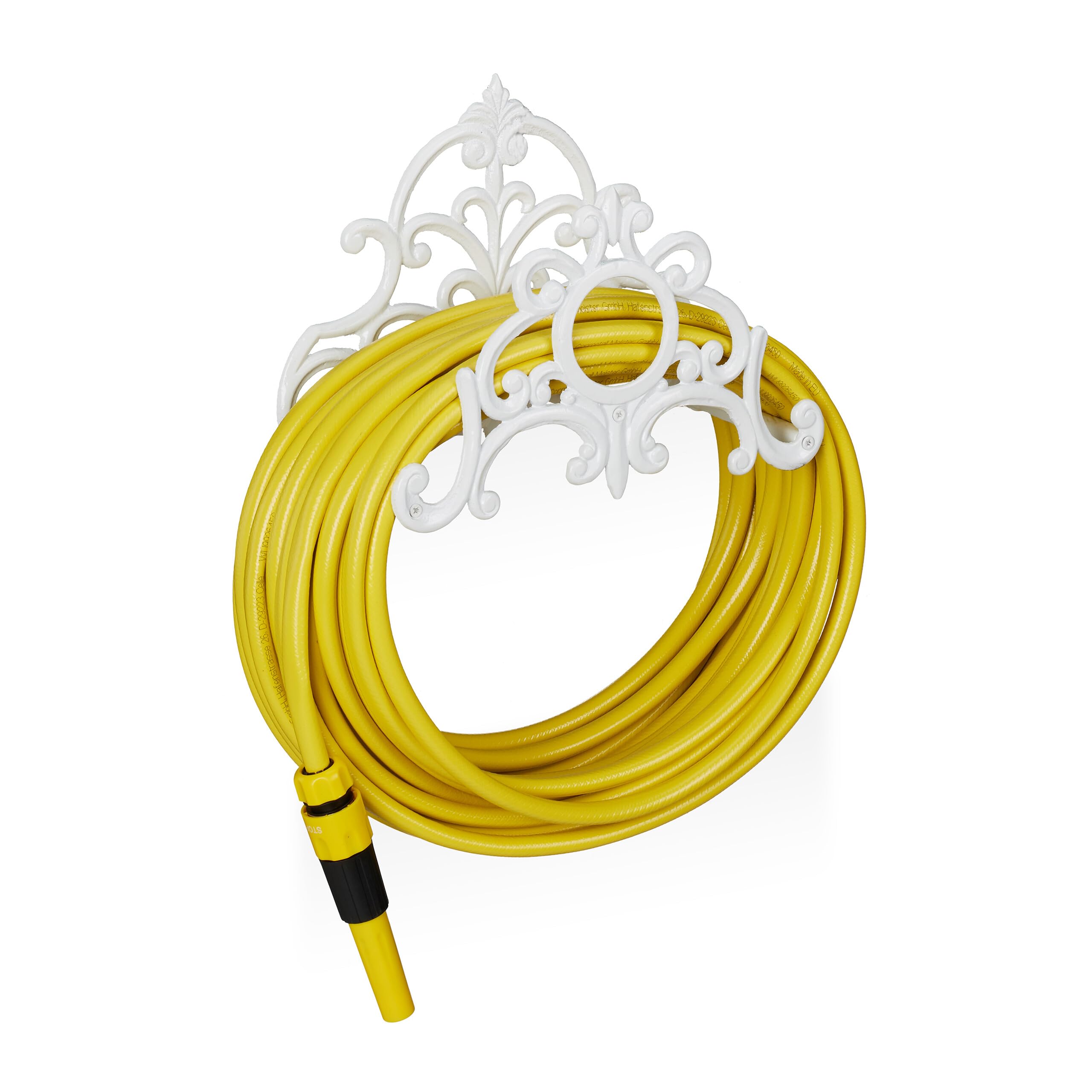 Relaxdays Antique Hose Holder, Cast Iron, Vintage Look, Wall-Mounted, HxWxD: 24 x 31.5 x 15 cm, Garden Hose Hanger, White