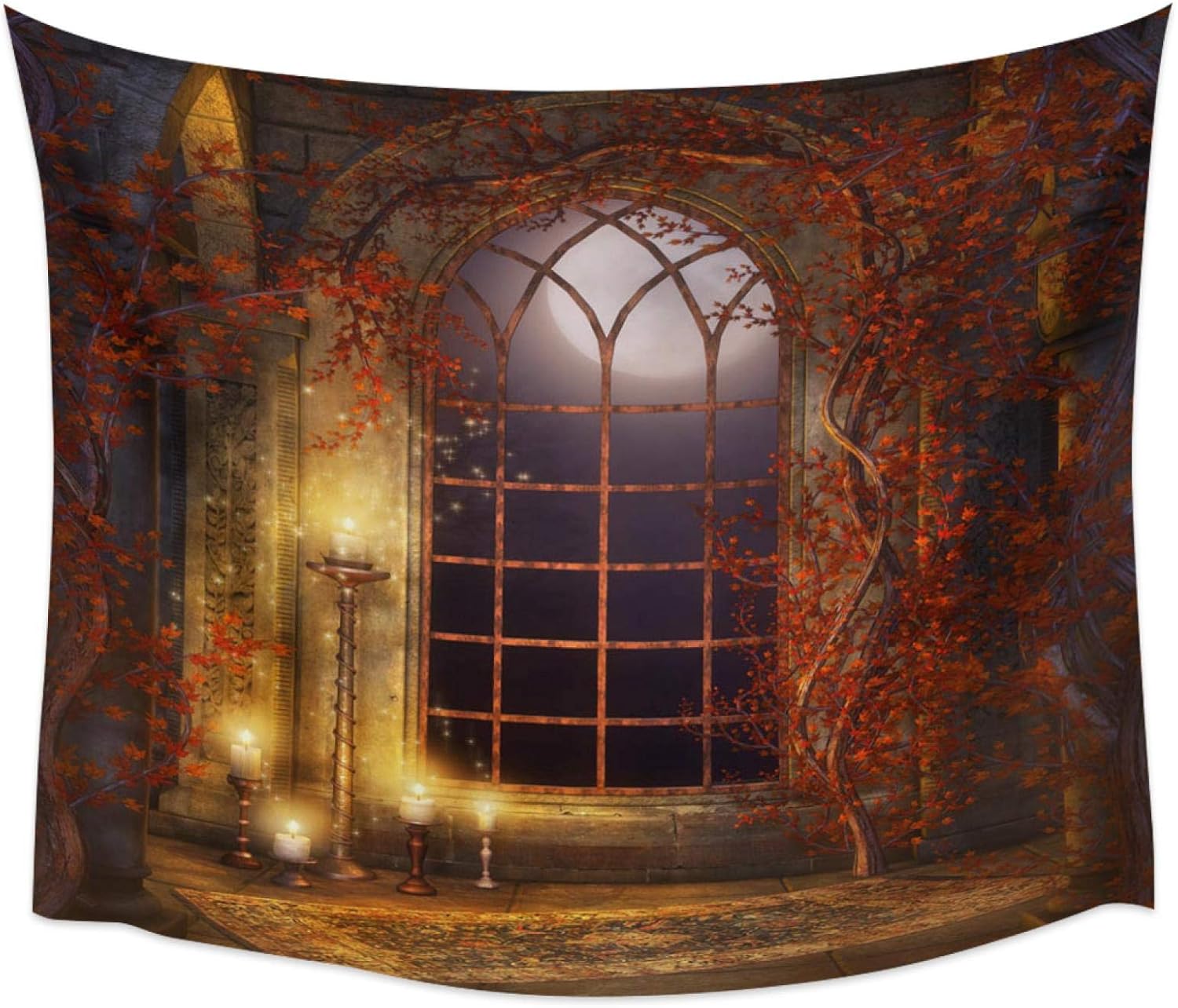 Rattan Stone Pillar Window Moon Castle Retro Tapestry Wall Hanging Home