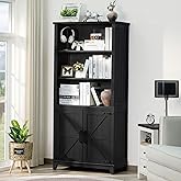 Joaxswe 70in Tall Bookshelf 5 Tier Bookcase with Barn Doors and Adjustable Shelves, Black Farmhouse Book Shelf with Storage Cabinet, Wood Freestanding Display Bookshelves for Bedroom, Living Room