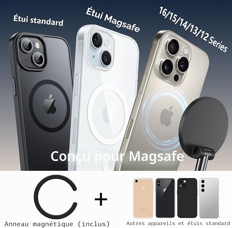 Support de téléphone magnétique pour Voiture à Ventouse et Aimant Magsafe, Support de téléphone Voiture à Suction Ultra et réglable 360° pour iPhone 17 Pro Max 16 15 14 13 12 Air Plus (Noir) — photo 8 sur 8