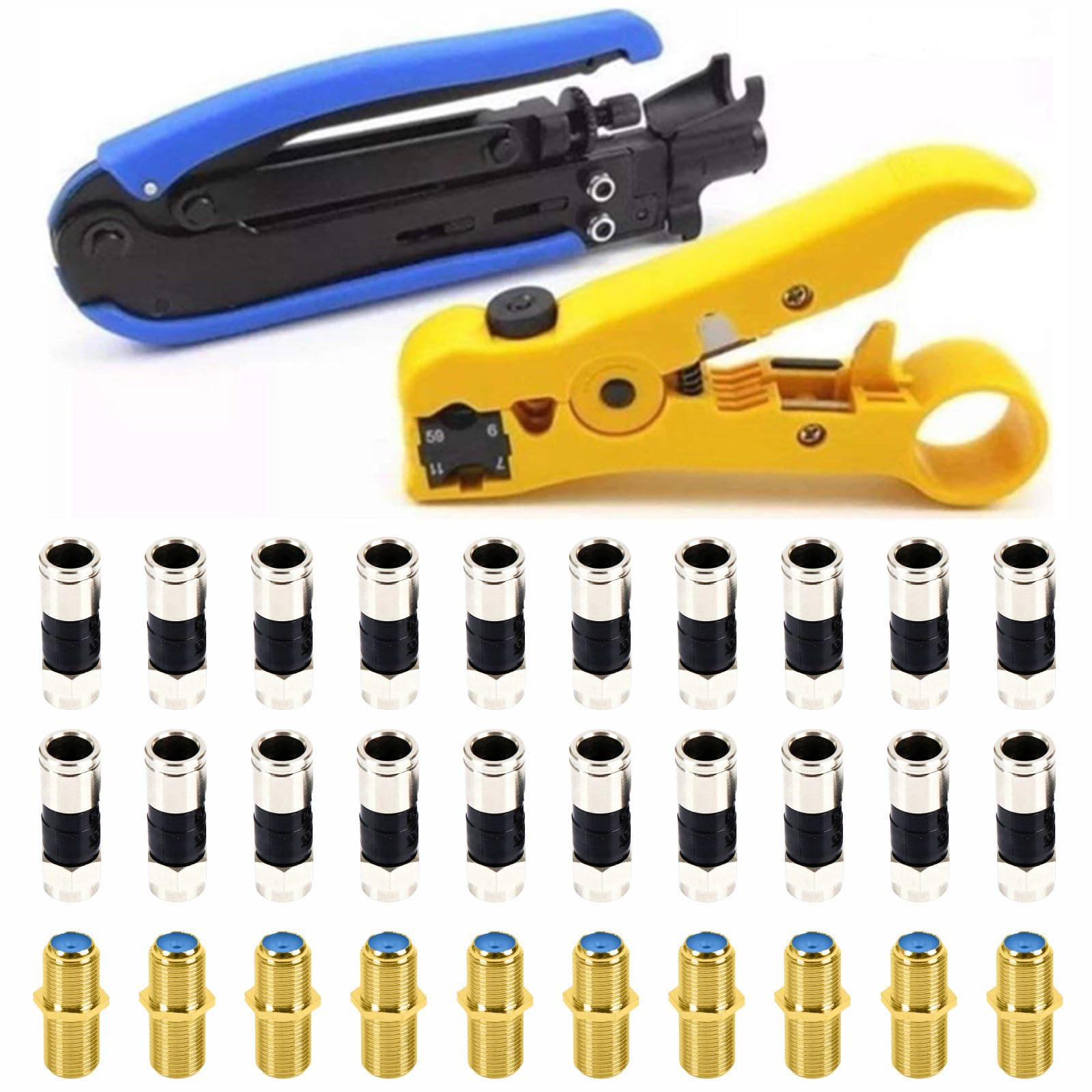 Photo 1 of Gaobige Coaxial Cable Crimper - Coax Cable Compression Tool Kit, rg6 rg59 rg11 75-5 75-7, Wire Stripper, 20pcs F Male Connectors, 10pcs Female to Female Connectors