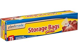 Plastimade Disposable Plastic Storage Bags With Original Twist Tie, 1 Gallon Size, 75 Bags, Great For Home, Office, Vacation, Traveling, Sandwich, Fruits, Nuts, Cake, Cookies, Or Any Snacks (1 Pack)