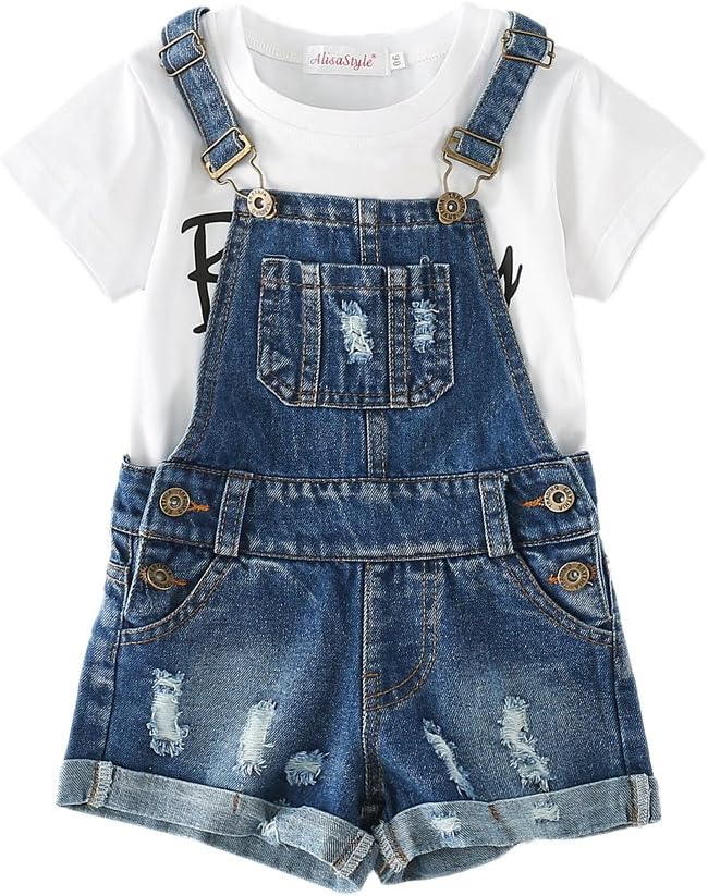 CHUMHEYBig&Little Girls 2Pc Big Bib Jeans Summer Shortalls Set T-Shirts