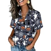 FKQRXO Women's Fall Halloween Button Down Shirt Casual Autumn Pumpkin Spider Witch Broom Cat Thanksgiving Tops