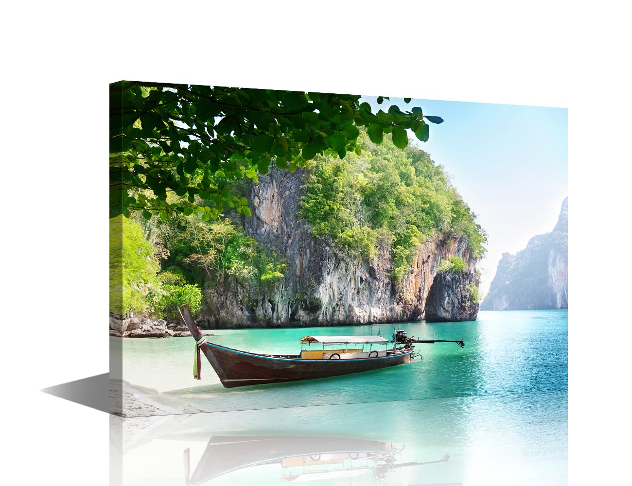 Canvas Wall Art for Interior Bathroom Wall Décor Long Boat on Island in Thailand Scenery for Living Room Bedroom Dining Room Decorations Framed Ready to Hang 16x24inch — image 1