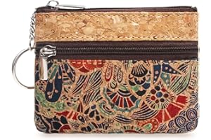 Eco-friendly Natural Cork Coin Purse, Boshiho Mini Coin Change Wallet Credit Card Holder Zipper Pouch Vegan Wallet with Key Ring Keychain