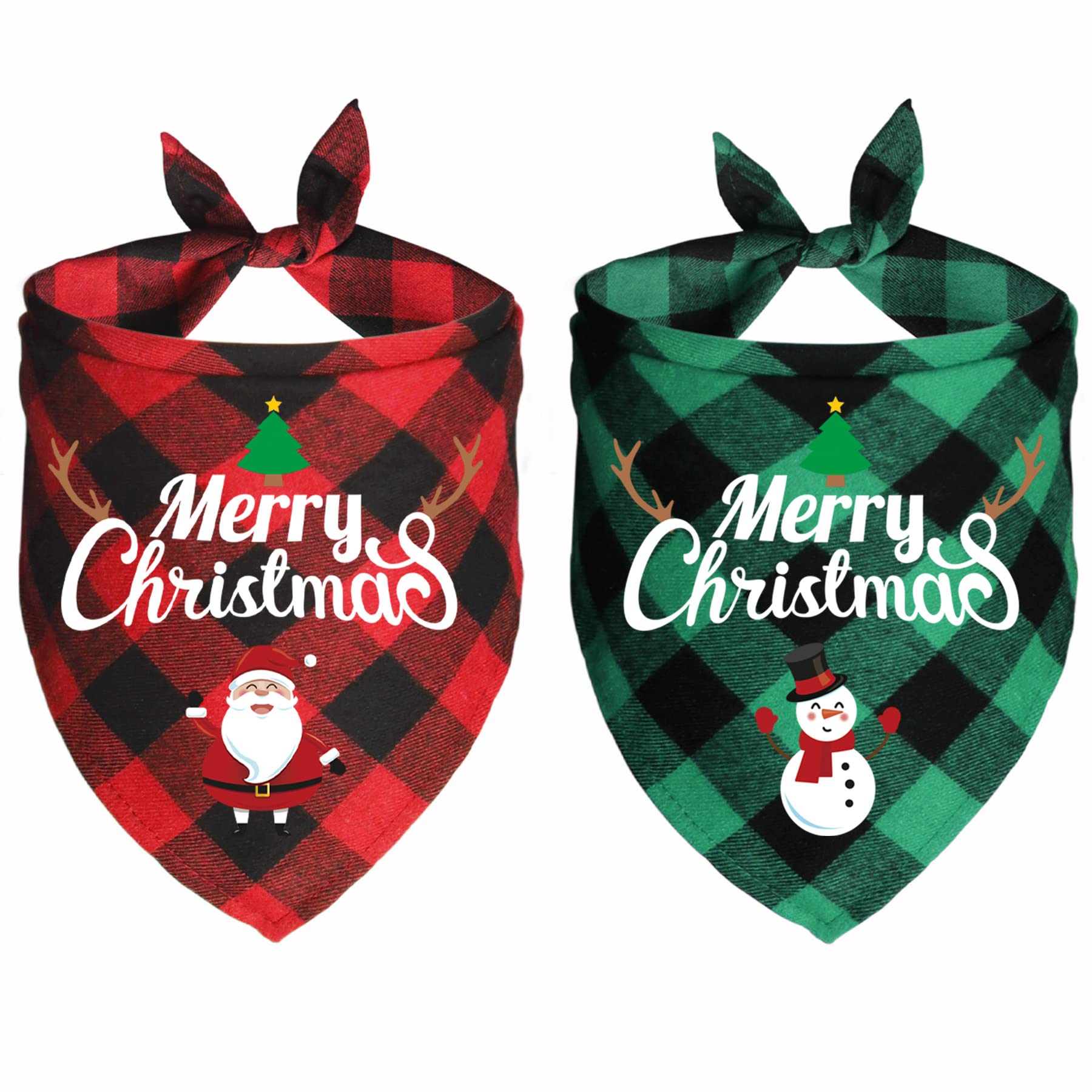 JOTFA 2 Pack Christmas Dog Bandanas, Holiday Plaid Dog Bandanas for Christmas Large Medium Dog Pet (Santa & Snowman)