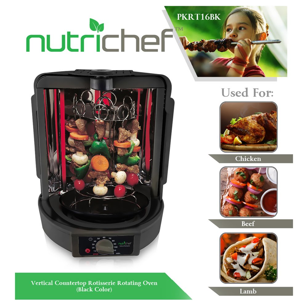 NutriChef Vertical Countertop Rotisserie Oven Roaster, Rotating Shawarma And Kebab Machine with Skewer and Rack, Basket Tower, Roasting Rack, Poultry Tower, Drip Tray, For Meat Chicken Turkey Lamb