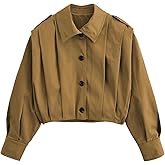 Agoeast Womens Cropped Pleated Jacket Lapel Long Sleeve Button Down Short Trench Coat Casual Trendy Outwear
