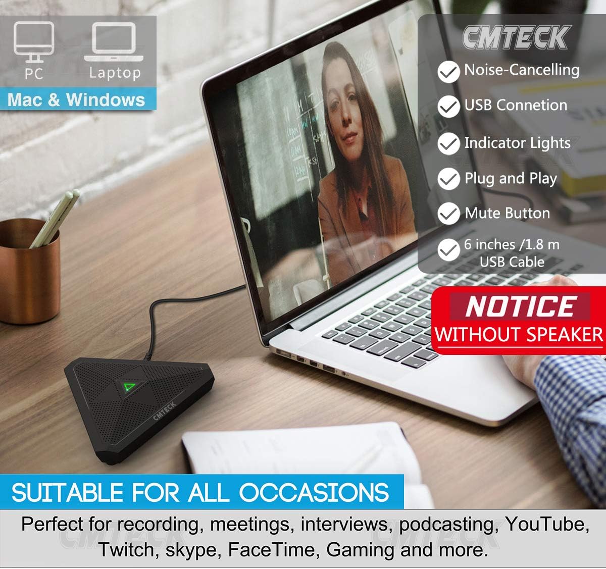 CMTECK USB Desktop Computer CM001 Microphone, Mute Button with LED Indicator, Omnidirectional Condenser Boundary Conference Mic for Recording,Streaming,Gaming,Skype (Windows/Mac): Home Audio & Theater