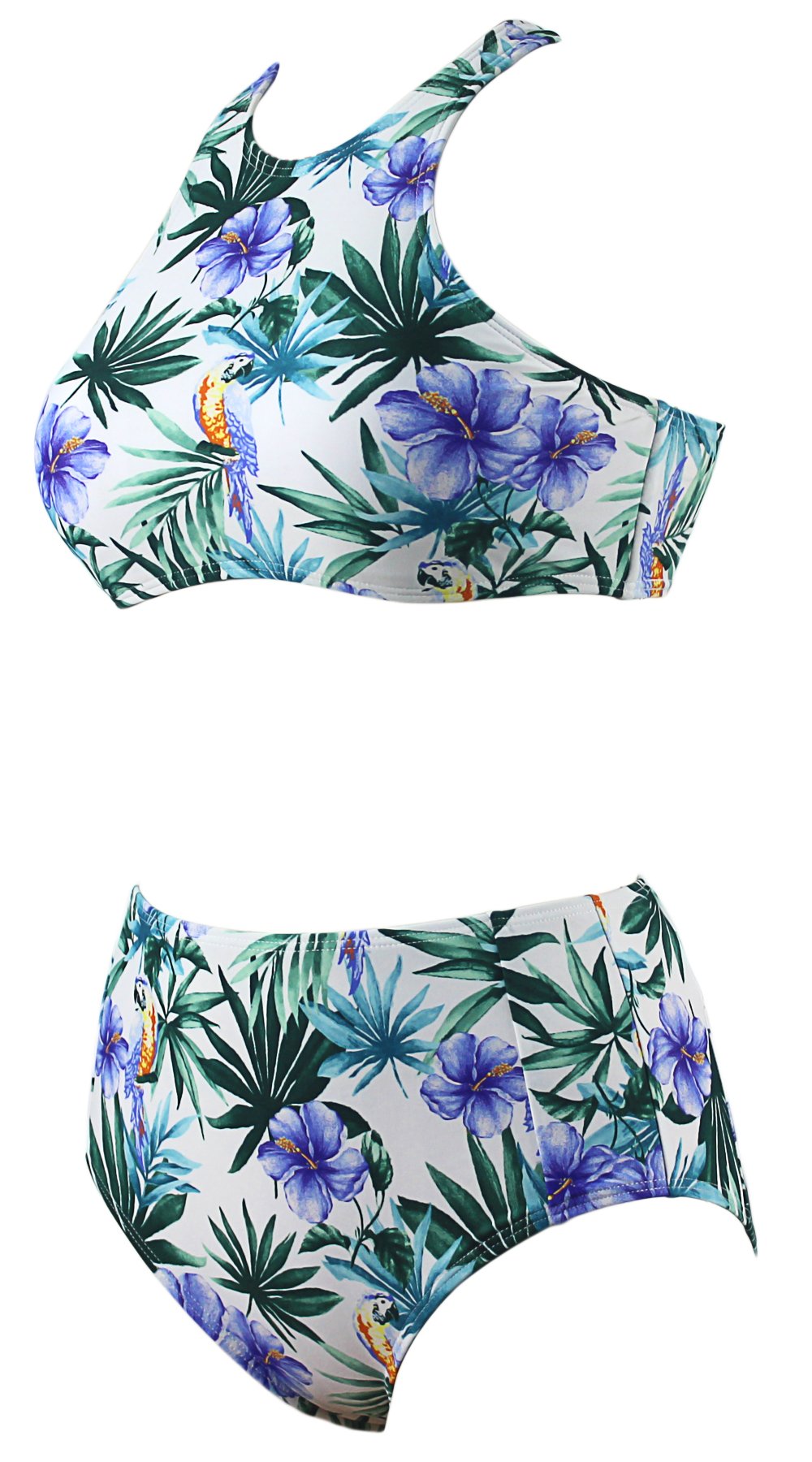 Agreya Womens Leaves Pattern High Waist 2 Piece Bikini Set Bathing Suit (White Purple Flower, L)