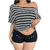WDIRARA Women's Plus Size Striped Asymmetrical Neck T Shirts Short Sleeve Tee Crop Tops