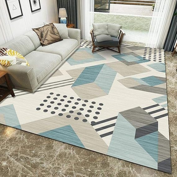 DLSM Blue beige geometric fashion pattern printed carpet polyester
