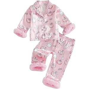 Biayxms Baby Boy Girl Halloween Silk Pajamas Set Button Down Pumpkin Ghost Long Sleeve Shirts Tops and Pants Satin Pj Sets