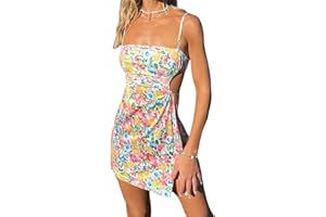 SEYURIGAOKA Sexy Halter Neck Bodycon Dress for Women Y2K Vintage Floral Mini Dress V Neck Backless Short Dress E Girl Streetwear