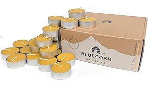 BLUECORN BEESWAX Bluecorn 100% Pure Beeswax Tealight Candles in Metal Cups | Natural Beeswax Candles, Handmade in Colorado | Long Burn (4-5 Hours) | Soy, Paraffin, & Fragrance Free, Bulk 48-Pack