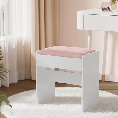 VASAGLE Dressing Table Stool Upholstered Velvet Vanity Stool Matte White Pink