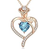 LOUISA SECRET Rose Flower Heart Birthstone Necklaces for Women, 925 Sterling Silver Fine Jewelry, Pendant Heart Necklaces Birthday Anniversary Christmas Gift for Women Wife Mom Girlfriend Lady