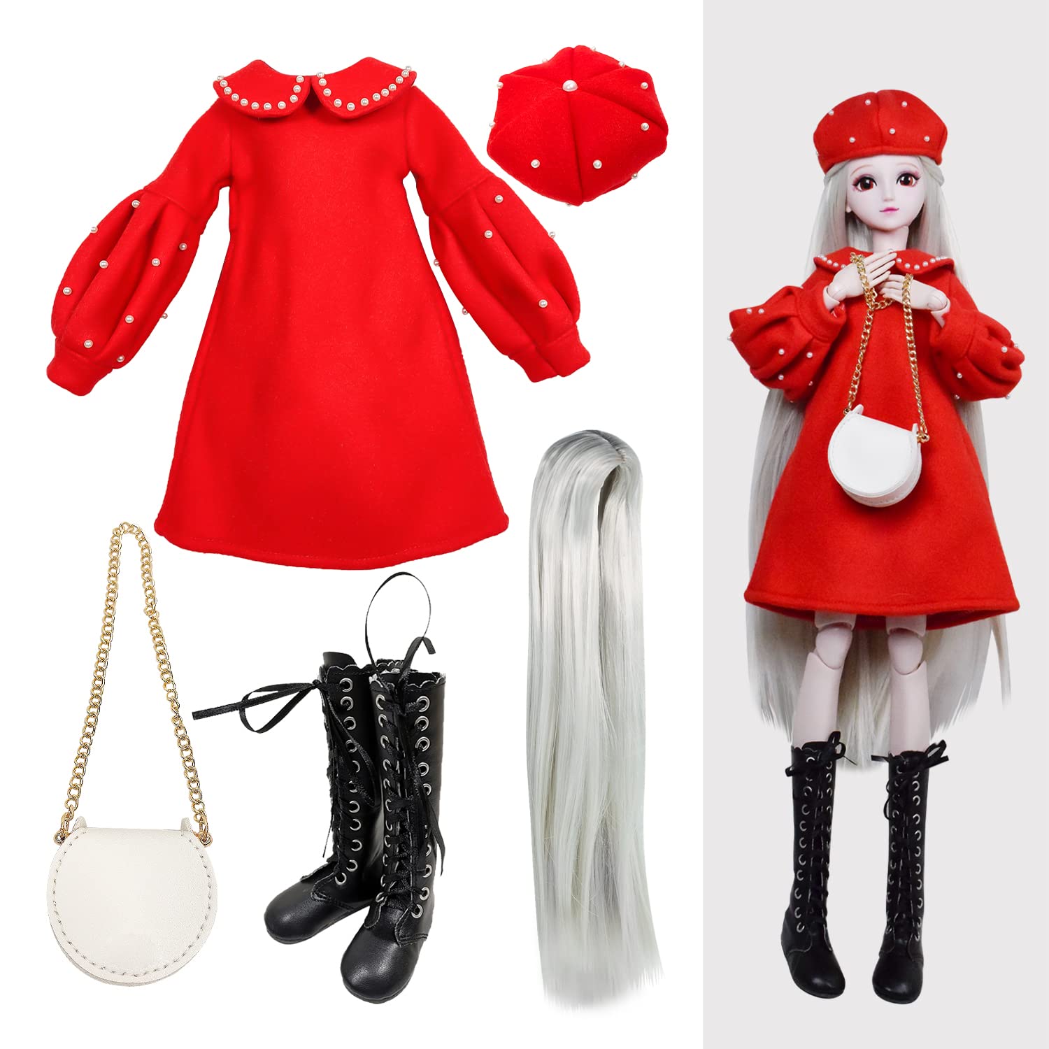 Proudoll 1/3 BJD Doll Clothes Outfit Set - Handcrafted Stylish Red Dress, Beret, Wig, Leather Bag & Boots, Compatible with 1/3 60cm 24in SD Dolls