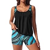 Hanna Nikole Tankini Swimsuits for Women, Textured Modest Swimsuit, Blouson Tankini with Sports Bra and Boyshorts