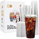 Turbo Bee 25 Sets 32 OZ Clear Plastic Cups with Lids and Straws, Disposable To Go Iced coffee cups with lids for Cold Drinks, Smoothie, and Slushie