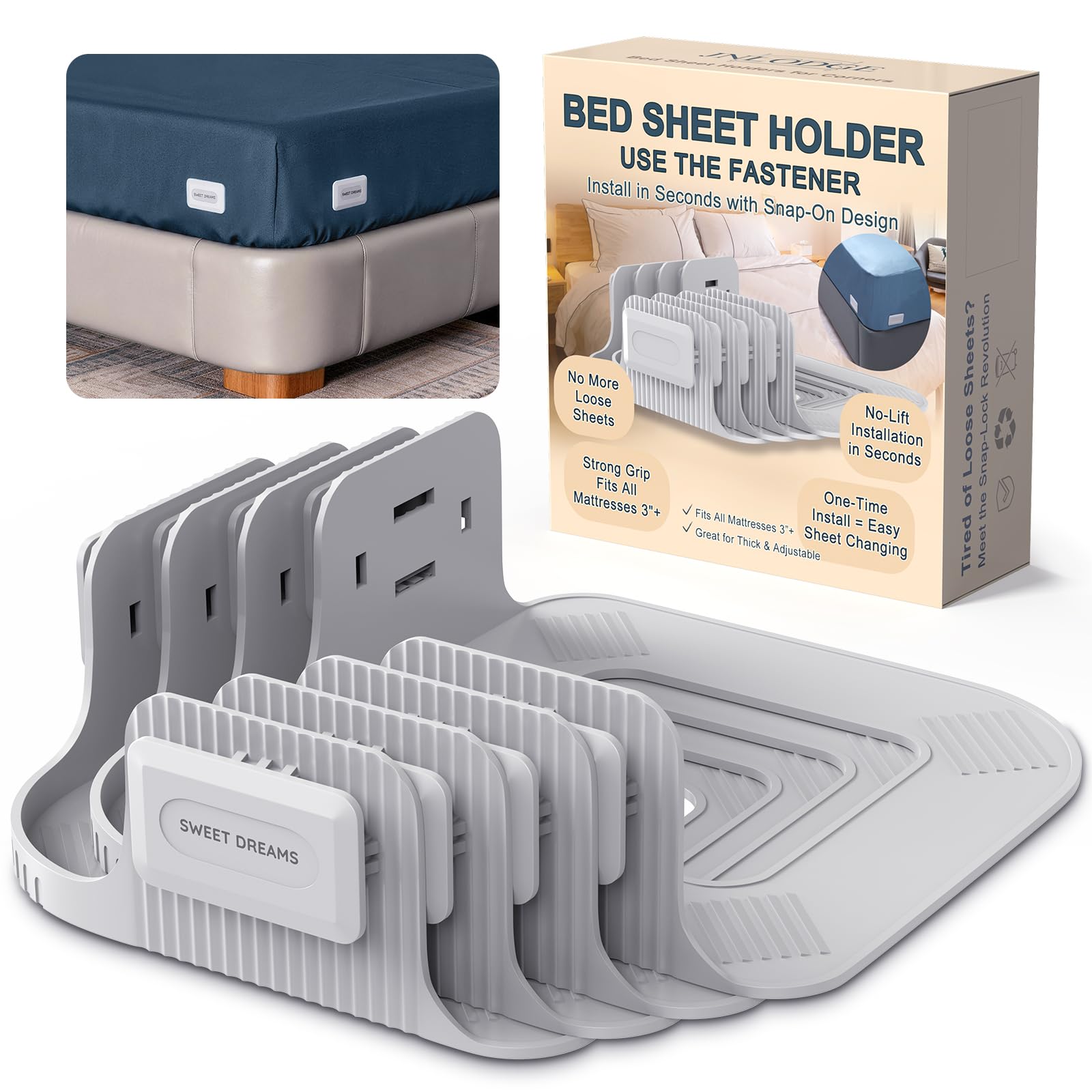 Bed Sheet Holders for Corners - Snap-Lock Sheet Lock for Fitted Sheets, Sheet Holders Keep Sheets Firm & Tight - Durable ABS Mattress Sheet Holder, Easy No-Lift Install, Fits 3"+ Mattresses (Set of 4)